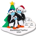Petey Penguin Family of 3 with Face Masks Covid-19 Pandemic Personalized Ornament