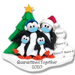 Petey Penguin Family of 4 with Face Masks Covid-19 Pandemic Personalized Ornament