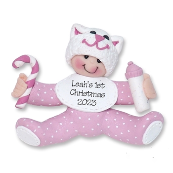 Baby Girl on Heart w/Kitty Hat Personalized 1st Christmas Ornament