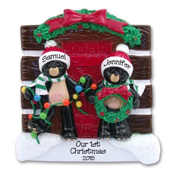 Black Bear Couple at Log Cabin Personalized Christmas Ornament - RESIN