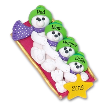 Polar Bear Family of 4 on Sled Personalized Family  Ornament 2- Limited Edition