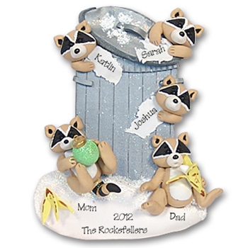 Rocky Raccoon Family of 5 Personalized Family Ornament
