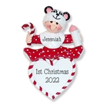 Baby Boy or Girl on Heart w/Panda Hat Personalized 1st Christmas Ornament - RESIN