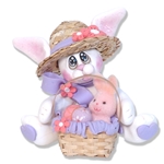 White EASTER BUNNY with Straw Hat and Basket Figurine Lavender & Peach