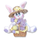White EASTER BUNNY with Straw Hat and Basket Figurine Lavender & Yellow