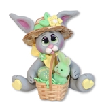 Gray EASTER BUNNY with Straw Hat and Basket Figurine Ornament Handmade Polymer Clay - Made to Order