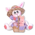 White EASTER BUNNY with Straw Hat and Basket Figurine Lavender & Coral