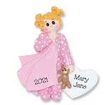 Blonde Little Girl Toddler w/Blanket and Pink Pajamas -  Personalized Ornament  - RESIN