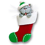 Grey Cat in Small Stocking<br>Personalized Cat Ornament