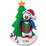 Petey Penguin with Christmas Tree & Gift Personalized Christmas Ornament in Gift Box
