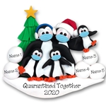 Petey Penguin Family of 5 with Face Masks Covid-19 Pandemic Personalized Ornament