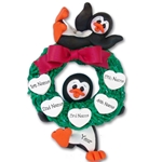 Penguin Couple w/Wreath and 5 Hearts Personalized Ornament Limited Edition
