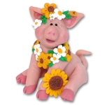 Handmade Polymer Clay Pig with Sunflowers and Daisies Figurine