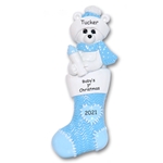 Polar Bear in Blue Stocking Personalized 1st Christmas Ornament for Baby Boy - RESIN