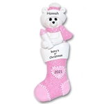 Polar Bear in Pink Stocking Personalized 1st Christmas Ornament for Baby Girl - RESIN