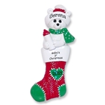 Polar Bear in Red Stocking Personalized 1st Christmas Ornament for Baby Girl or Boy - RESIN