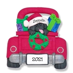 Black Lab Puppy Dog in Red Pickup Truck Personalized Ornament - Limited Edition