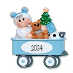 Baby Boy in Blue Wagon Personalized Christmas Ornament - RESIN