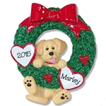 Yellow Lab<br>Hanging in Wreath<br>Personalized Dog Ornament