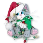 Gray & White KITTY CAT HANDMADE Polymer Clay Personalized Christmas Ornament -With Christmas Lights
