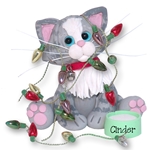 Gray & White Tabby KITTY CAT w/Chriistmas Lights Personalized Christmas Ornament