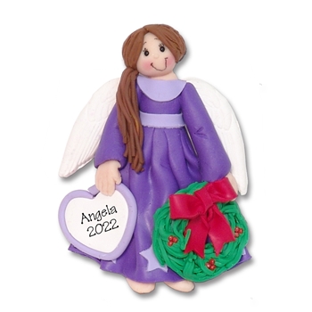 Purple Angel w/Brown Hair & Wreath Personalized Ornament - Limited Edition