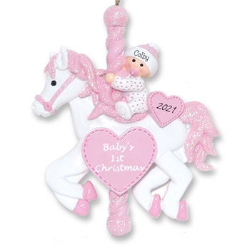 Baby Girl on Carousel Horse Personalized 1st Christmas Ornament - RESIN