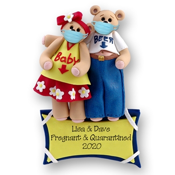 Covid-19 Pregnant Couple Ornament w/ Face Masks, Expecting Pandemic / Coronavirus Ornament, HANDMADE POLYMER CLAY  - ON SALE!