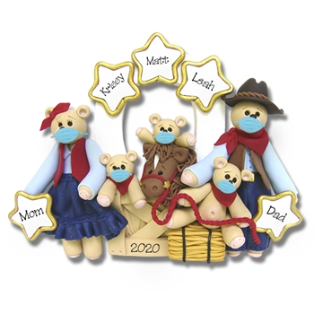 Covid-19 Cowboy Family of 5 with Face Masks Personalized  Pandemic Coronavirus Ornament