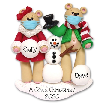 Belly Bear w/Snowman Covid -19 / Pandemic / Coronavirus Personalized Couple Ornament