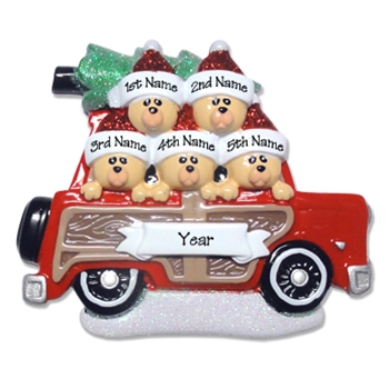 Belly Bear Family of 5 in Woody Wagon RESIN Family Ornament