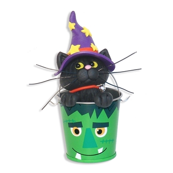 Halloween Cat in Frankenstein Bucket Halloween Figurine