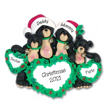 Black Bear Family of 4 with Christmas Hearts Personalized Family Ornament - Custom Ornament