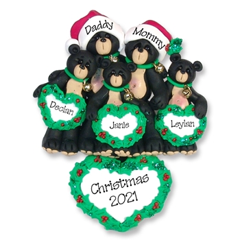Black Bear Family of 5 with Christmas Hearts Personalized Family Ornament - Custom Ornament
