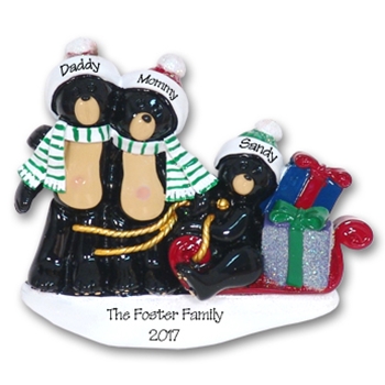 Black Bear Family of 3 w/Sled Personalized Family Ornament - RESIN