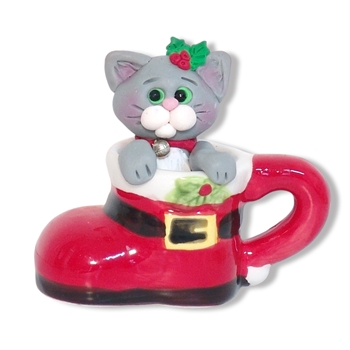 Gray Kitty Cat in Ceramic Boot Cup