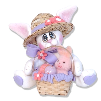 White EASTER BUNNY with Straw Hat and Basket Figurine Lavender & Peach