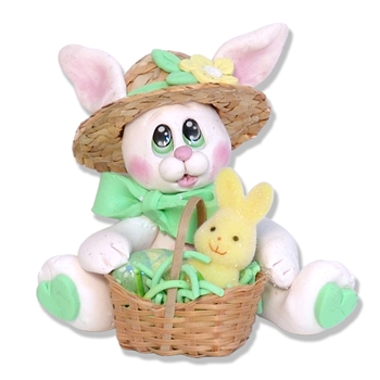 White EASTER BUNNY with Straw Hat and Basket Figurine Handmade to Order