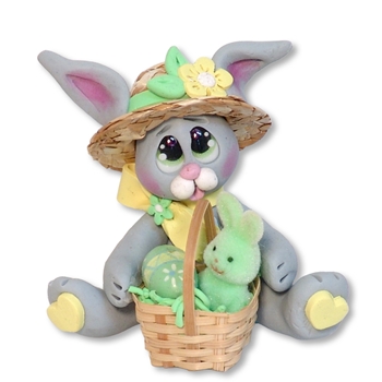 Gray EASTER BUNNY with Straw Hat and Basket Figurine Ornament Handmade Polymer Clay - Made to Order