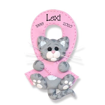 Breast CANCER-PINK RIBBON Survivor / Memorial Gray Tabby Kitty Cat -  Personalized  Ornament