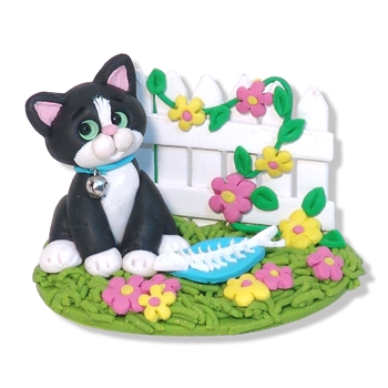 Kitty Cat in Yard with Picket Fence Handmade Figurine