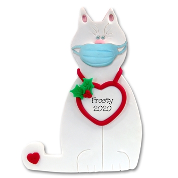 White Kitty Cat w/Face Mask Covid -19 Pandemic Personalized Pandemic Ornament  - ON SALE!