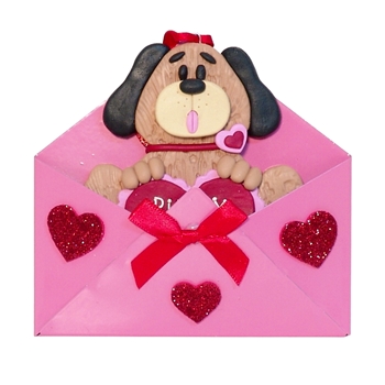 Valentine Dog Handmade Polymer Clay Ornament in Tin Envelope
