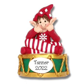 Elf Sitting on Drum Personalized Christmas Ornament