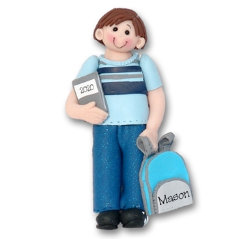 Back To School Boy - Brunette - Personalized Ornament - Limited Edition