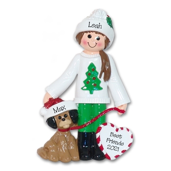 Girl in Christmas Sweater w/Puppy Dog Personalized Christmas Ornament - RESIN