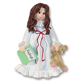 RESIN PJ Girl in Nightgown Brunette Personalized Ornament