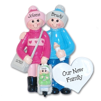 Giggle Gang New Parents with Baby in Stroller - Personalized Ornament - RESIN