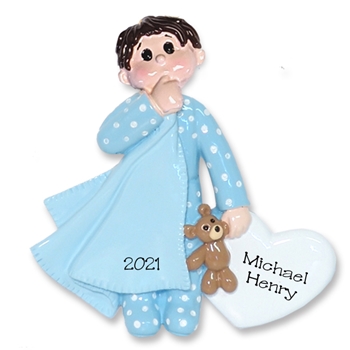 Brunette Little Boy Toddler w/Blanket and Blue Pajamas -  Personalized Ornament  - RESIN