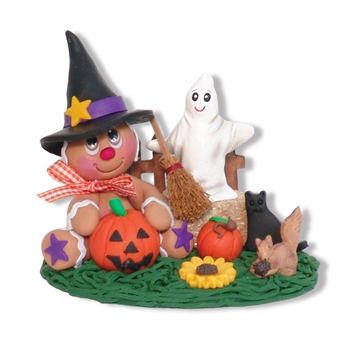 Halloween Gingerbread "Gingy" with Ghost and Critters - Handmade Polymer Clay Collectible  Figurine for Fall Decor or Tiered Tray